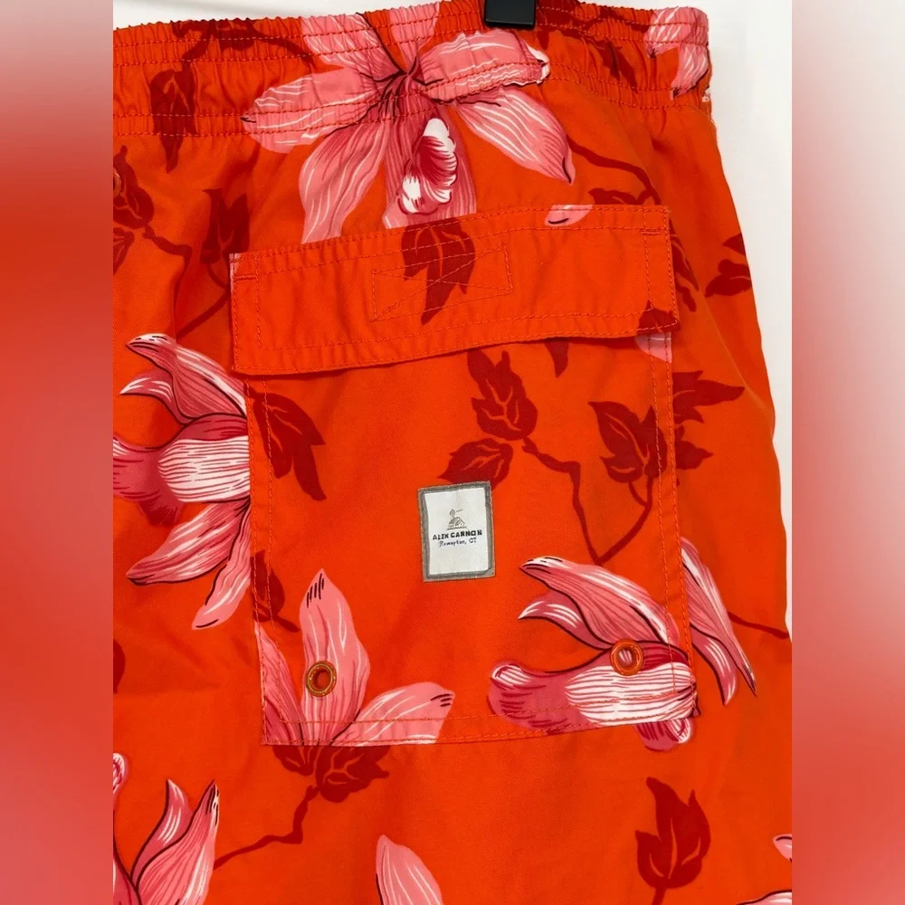 ALEX CANNON Swim Shorts Lined Drawstring Elastic Waist Orange Floral Mens XL